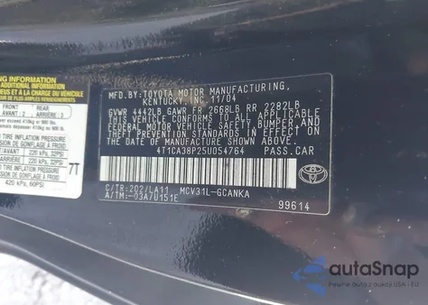 2005 Toyota Camry Solara Se Sport V6 z USA, uszkodzony, nr VIN 4T1CA38P25U054764